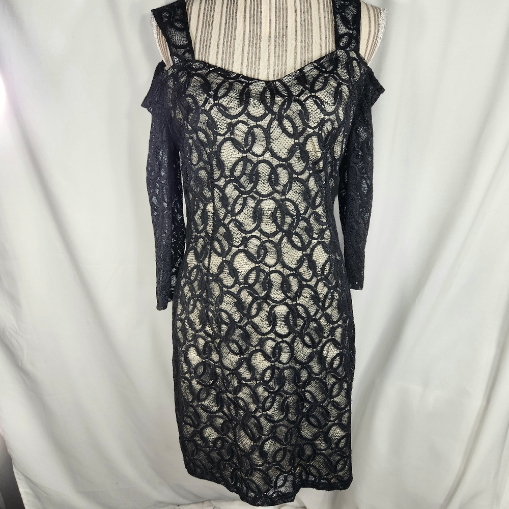 Elana Kattan Black Lace Over Nude Lining Cold Shoulder Long Sleeve Dress Medium
